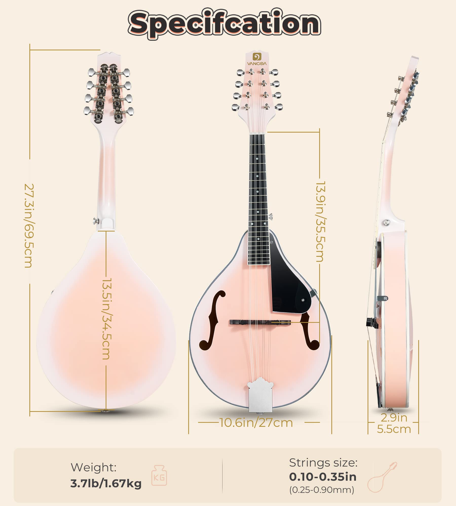 Vangoa Mandolin Musical Instrument A Style Acoustic Electric, 8 Strings Mahogany for Beginner Adults Teens, Red Burst