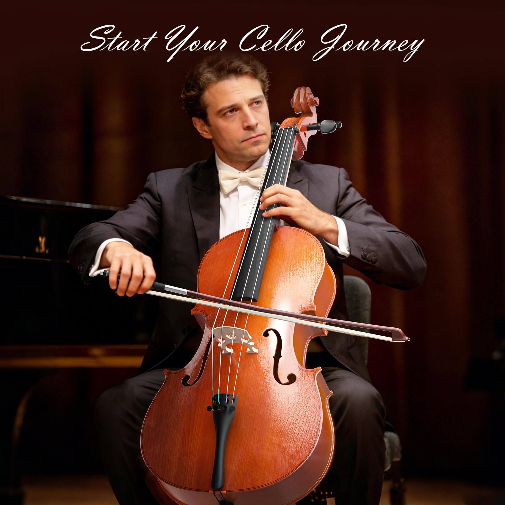 Cello 4/4 Kit, Full Size Cello for Adults, Students, Beginners, Complete Acoustic Cello Instrument Set with Portable Bag, Bow, Rosin, Black