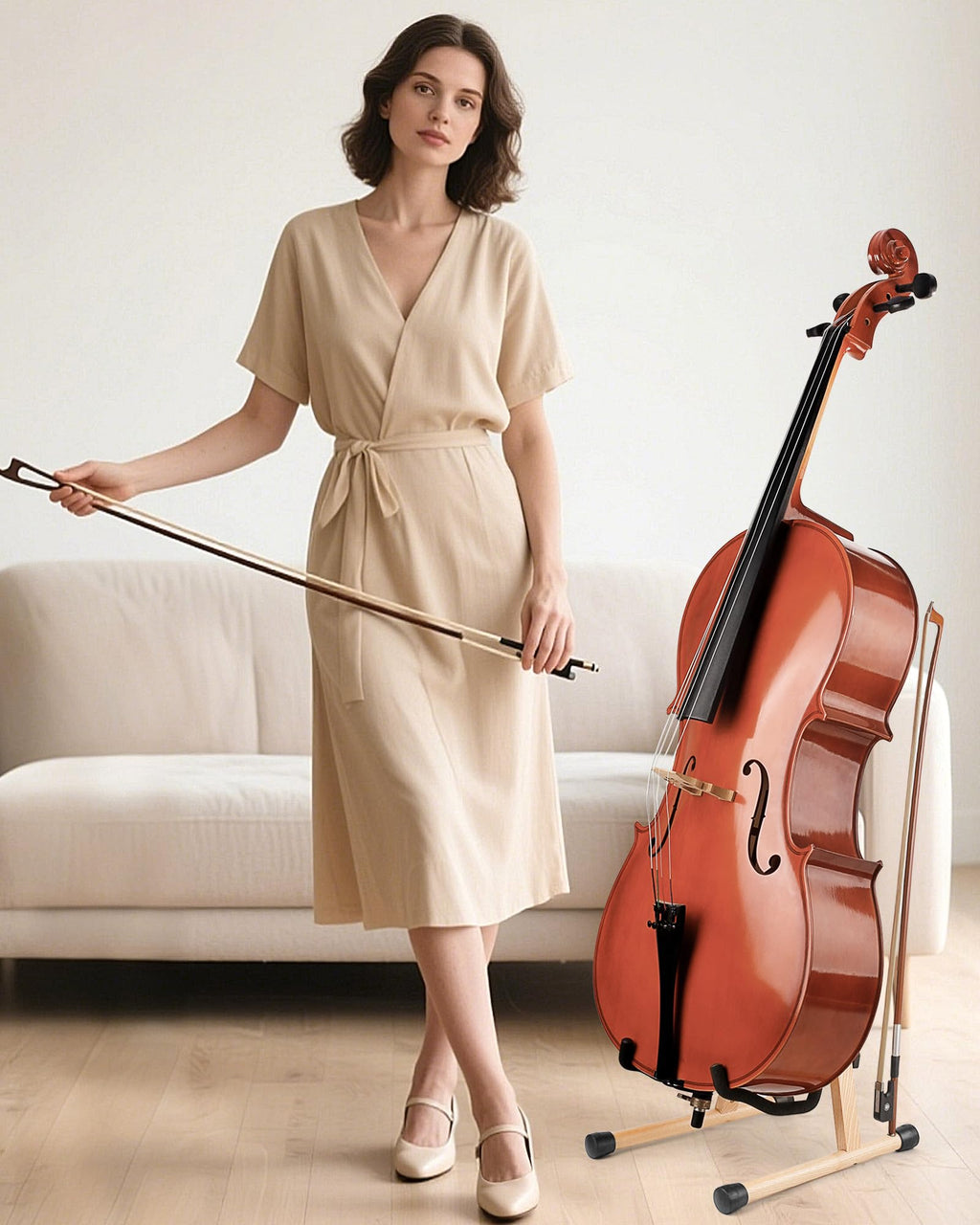 MUSO Cello Stand with Bow Holder,A-Frame Floor Stand with Padded Foam, Handcrafted Cello Rack Fits 1/2, 3/4, 7/8, 4/4 Full-Size and Guitar, Instrument Holder for Home and Studio Display