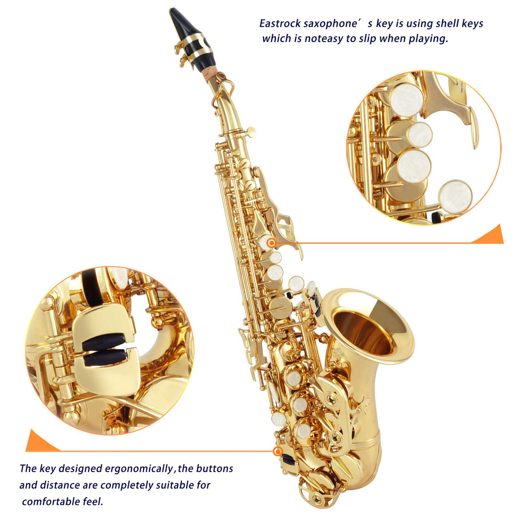 EASTROCK Soprano Saxophone Curved Bb Flat Black Sax Instruments for Beginners Intermediate Players with Carrying Case,Mouthpiece,Pads,Reed,Cleaning kit,neck Strap,White Gloves