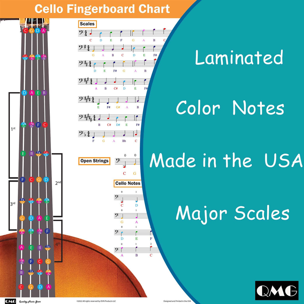 QMG Cello Fingering Chart with Color-Coded Notes, Cello Scales Techniques Suitable for All Levels