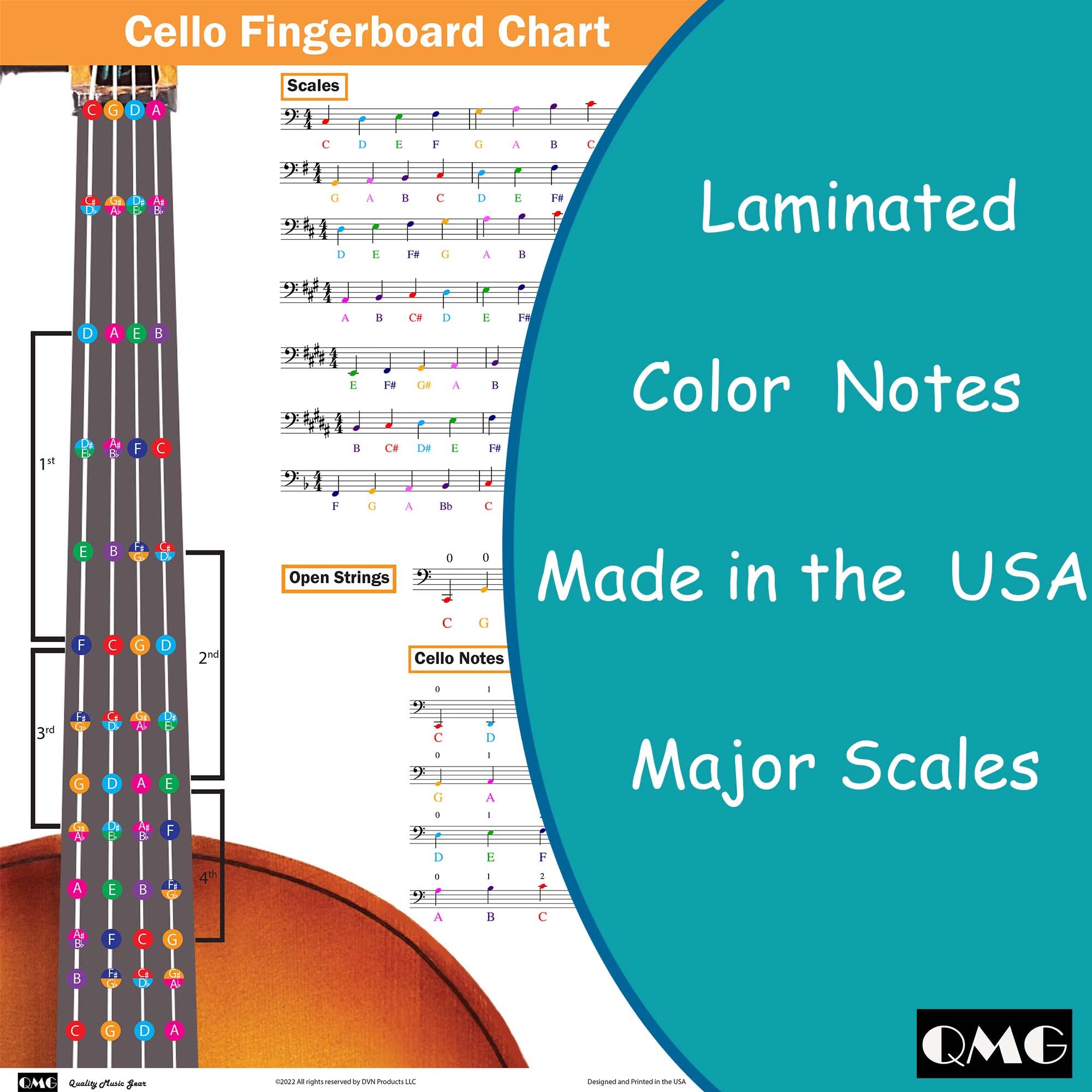 QMG Cello Fingering Chart with Color-Coded Notes, Cello Scales Techniques Suitable for All Levels