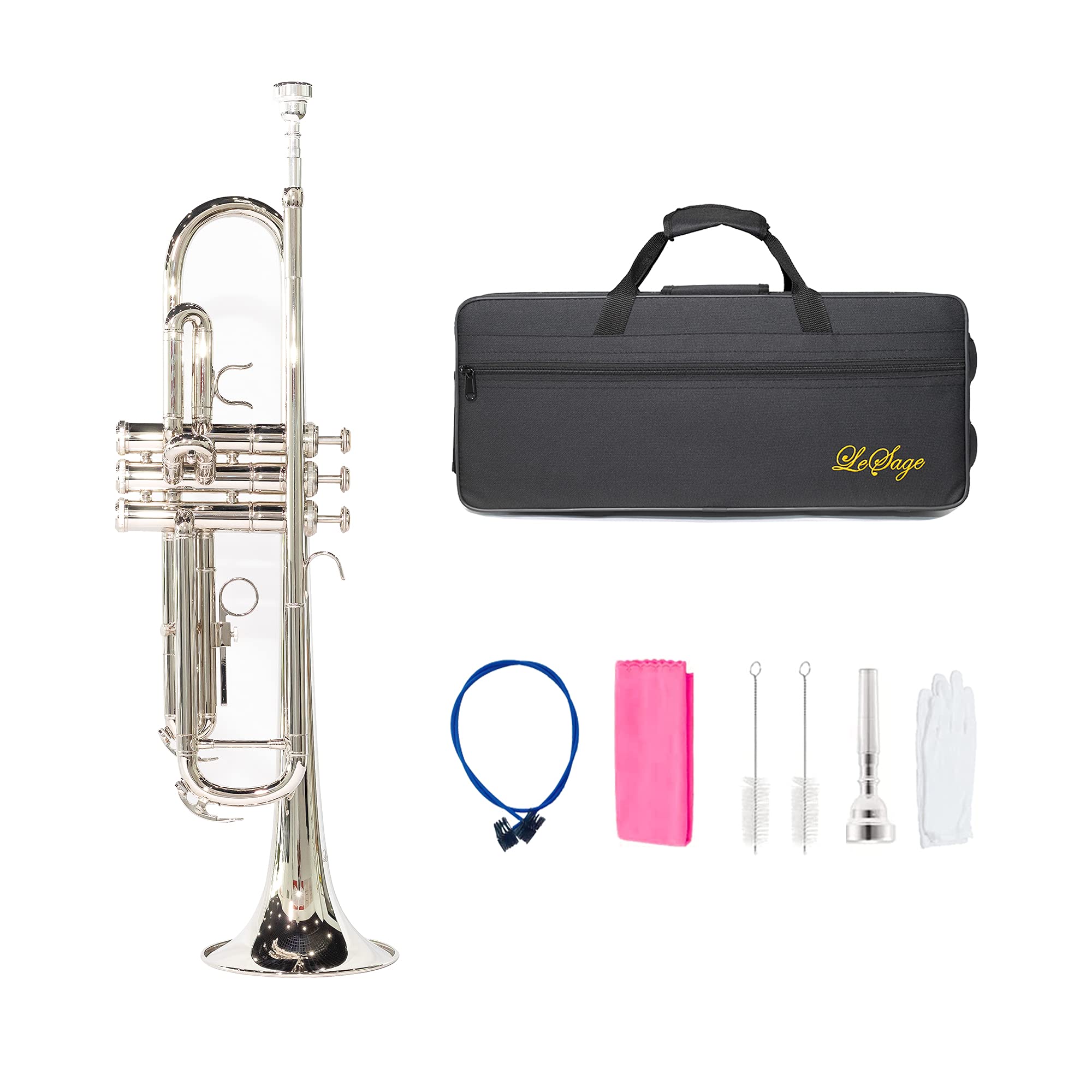 LeSage Bb Standard Trumpet Set for Beginner, Brass Student Trumpet with Carrying Case, Care Kit, Valve Oil, Cloth, 7C Mouthpiece & Gloves Silver