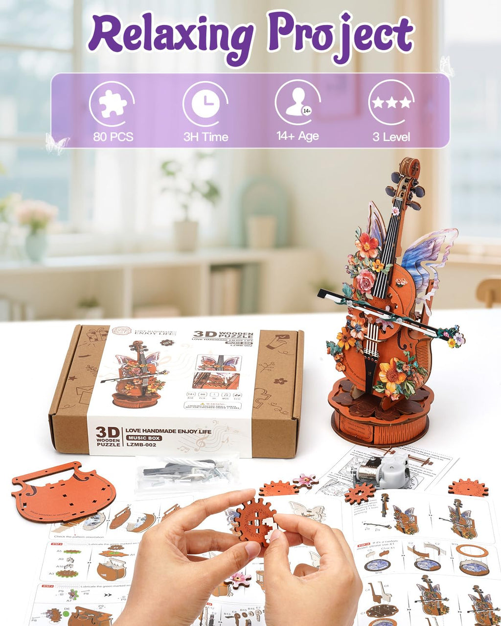 3D Puzzles for Adults, Mechanical Wooden Cello Music Box Puzzles, DIY Flower Music Box Cello Crafts Model Kits Home Decor for Women Holiday Weddings