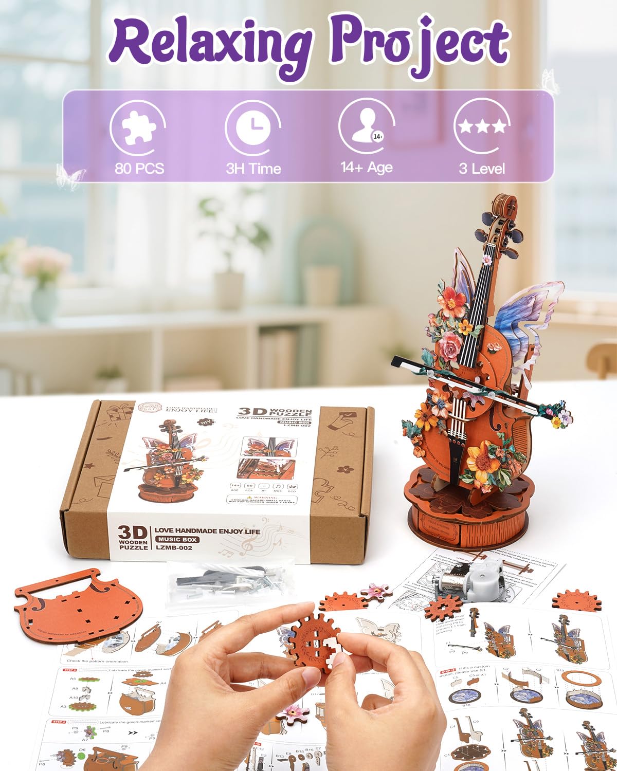 3D Puzzles for Adults, Mechanical Wooden Cello Music Box Puzzles, DIY Flower Music Box Cello Crafts Model Kits Home Decor for Women Holiday Weddings