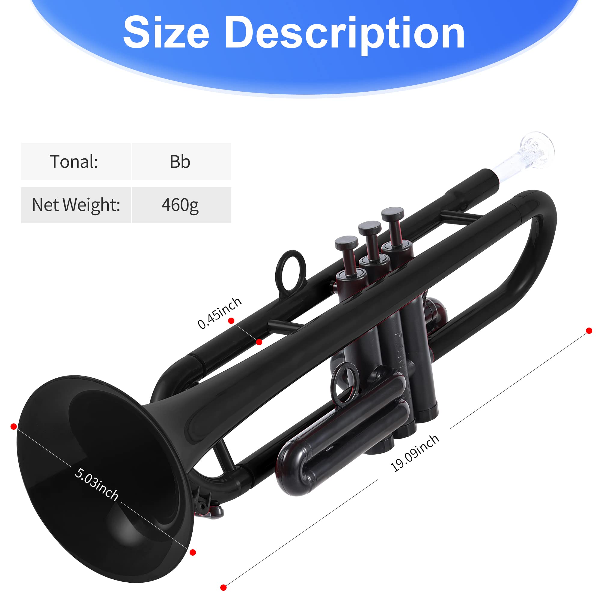 PAMPET Professional Plastic Bb Trumpet Standard Trumpet Set for Student Beginner With 7C Mouthpiece and 3C Mouthpiece, Bb Trumpet Instrument, Black,