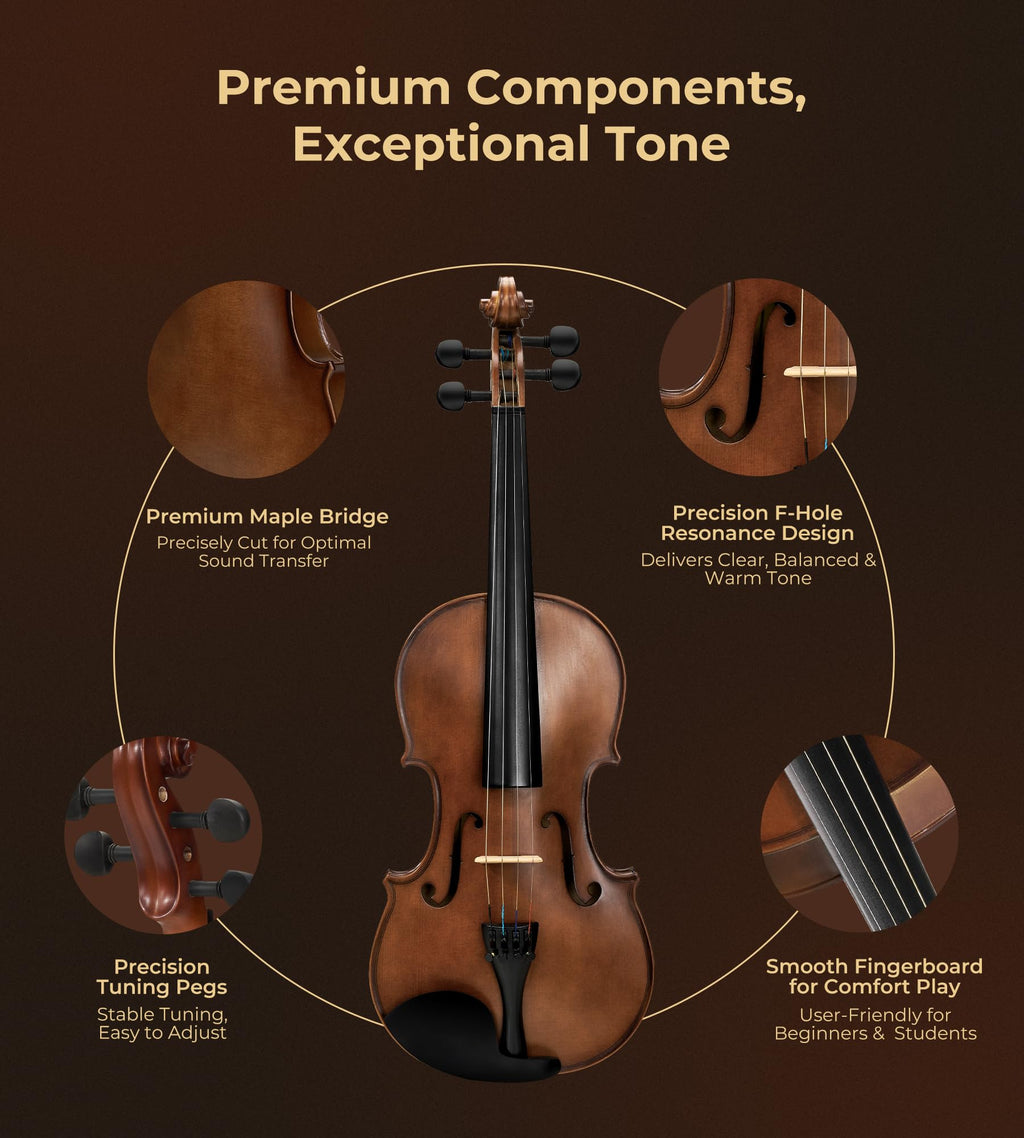 Vangoa 4/4 Solid Wood Acoustic Violin Full Size Fiddle Set for Beginner Adult Student Teen Kids with Violin Case, Bow, Rosin, Shoulder Rest, Tuner, Strings, Natural
