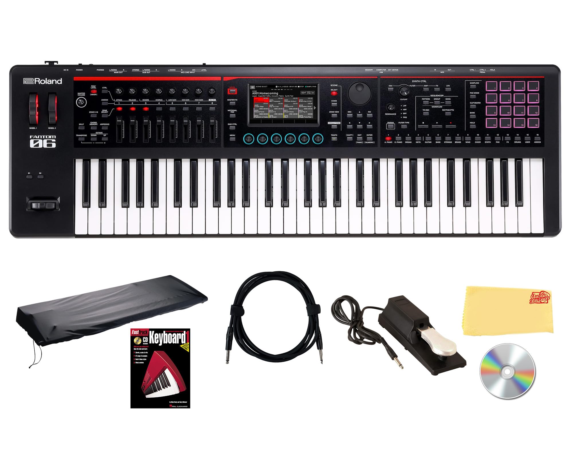 Roland Fantom 8 EX 88-Key Workstation Keyboard Synthesizer Bundle with Adjustable Stand, Sustain Pedal, Online Piano Lessons, Instructional DVD, and Austin Bazaar Polishing Cloth