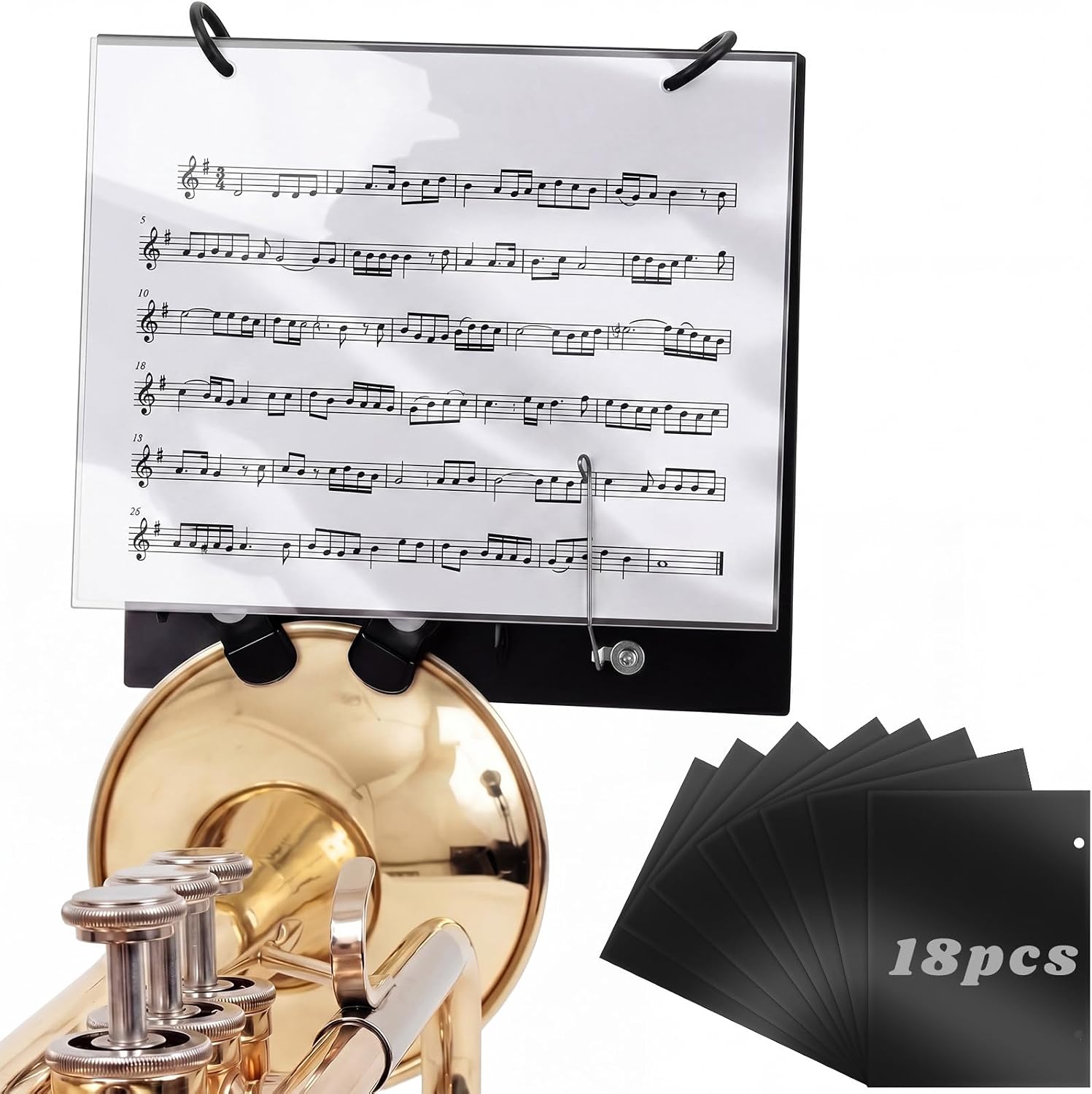 1 Set Trumpet Lyre, Trombone Lyre with 18 Pcs Double-sided Flip Folder, 2 Silicone Clip, Marching Band Music Flip Folders for Cornet, Baritone and Marching Band Brass Instrument Accessory