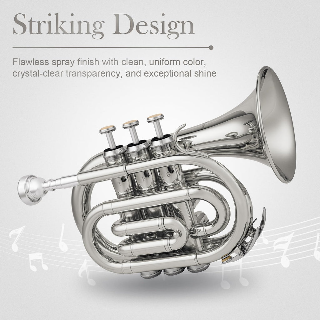 SONICAKE Pocket Trumpet Bb Flat - Gold Lacquer Brass Mini Trumpet Full Kit for Beginners Students with 7C Mouthpiece, Hard Case, Gloves & Cleaning Kit QPT-01 (Golden)