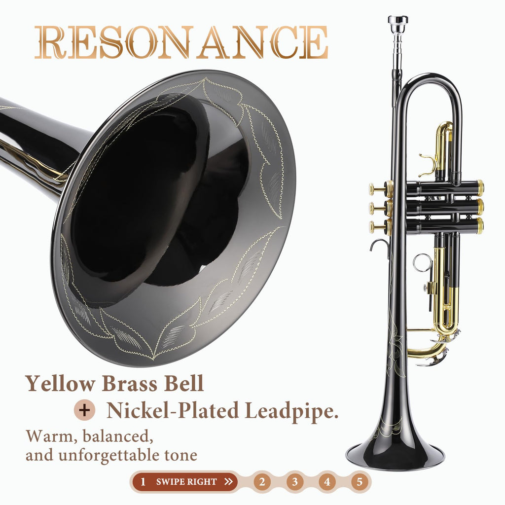 ALLSET Bb Standard Trumpet for Beginners | Student Band, Orchestra, Pro Level Performance | Professional Brass Trumpet Kit with Hard Case, 7C Mouthpiece& Cleaning Kit | Gold