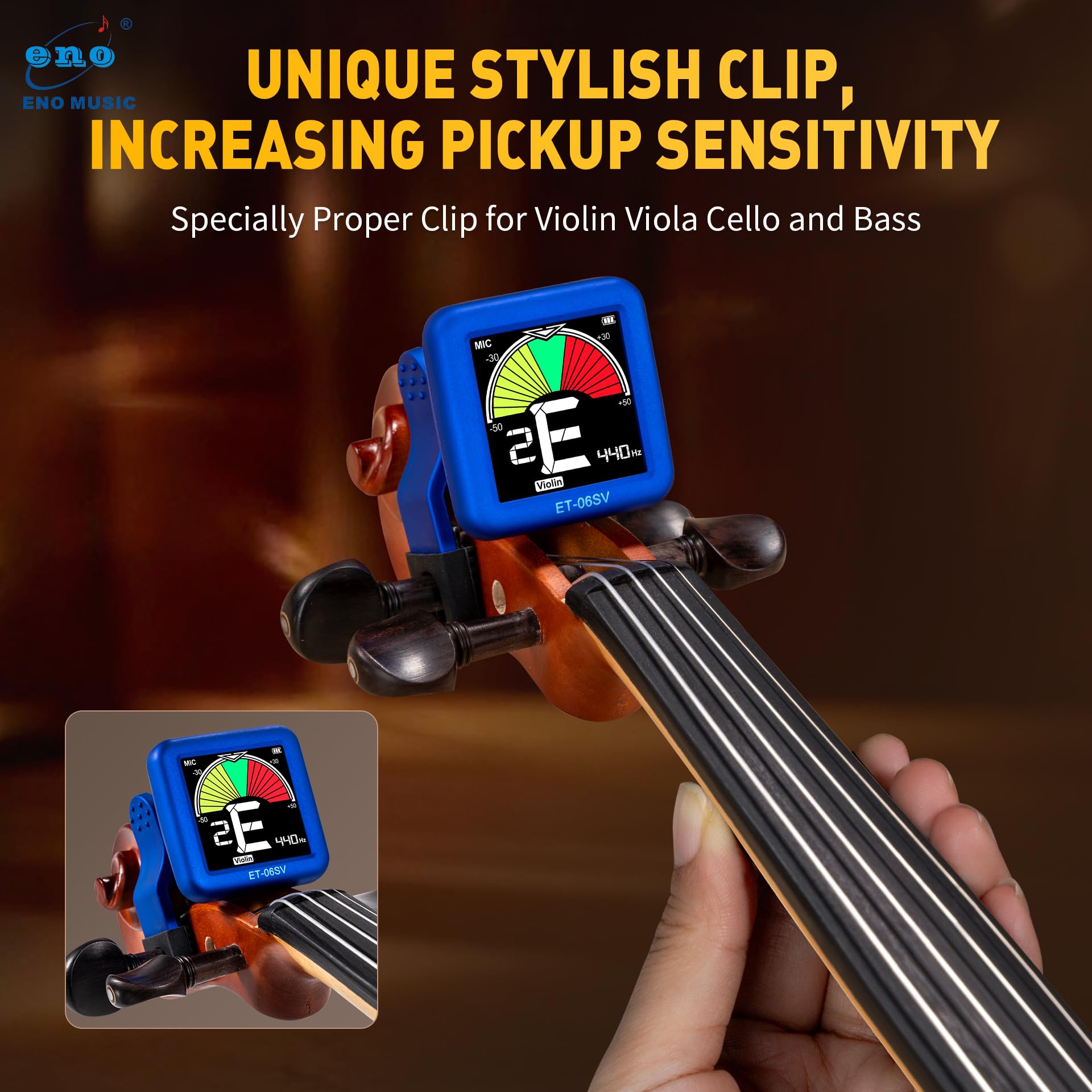 ENO MUSIC Rechargeable Type-C Quick Charge Easy Control Big LCD Display Easy Reading Clip-on Tuner for 4/4 Violin Viola Bass, Red