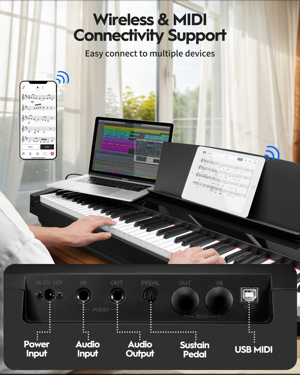 STRICH Digital Piano 88 Key Full Size Weighted Keyboard, Hammer-Action Portable Electric Piano For Beginner Adults, Bundle With Sustain Pedal, Piano Stickers, Music Rest, Black, SDP-P7