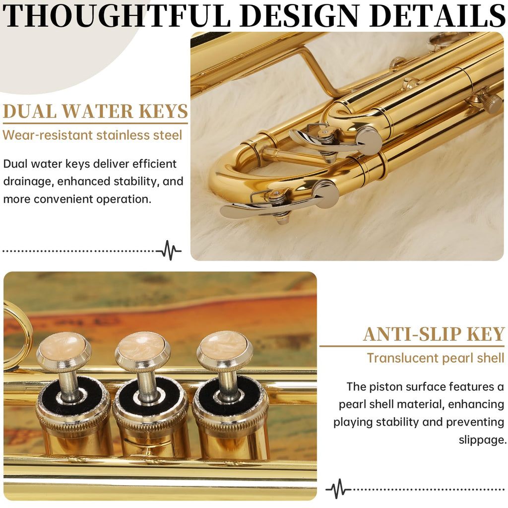 Kmise Bb Standard Trumpet, Premium Brass Trumpets for Student Beginner, Trumpet Instrument Set with Upgraded Case, 7C Mouthpiece, Mute, Beginner's Guide Kit, Cleaning Kit (Gold)