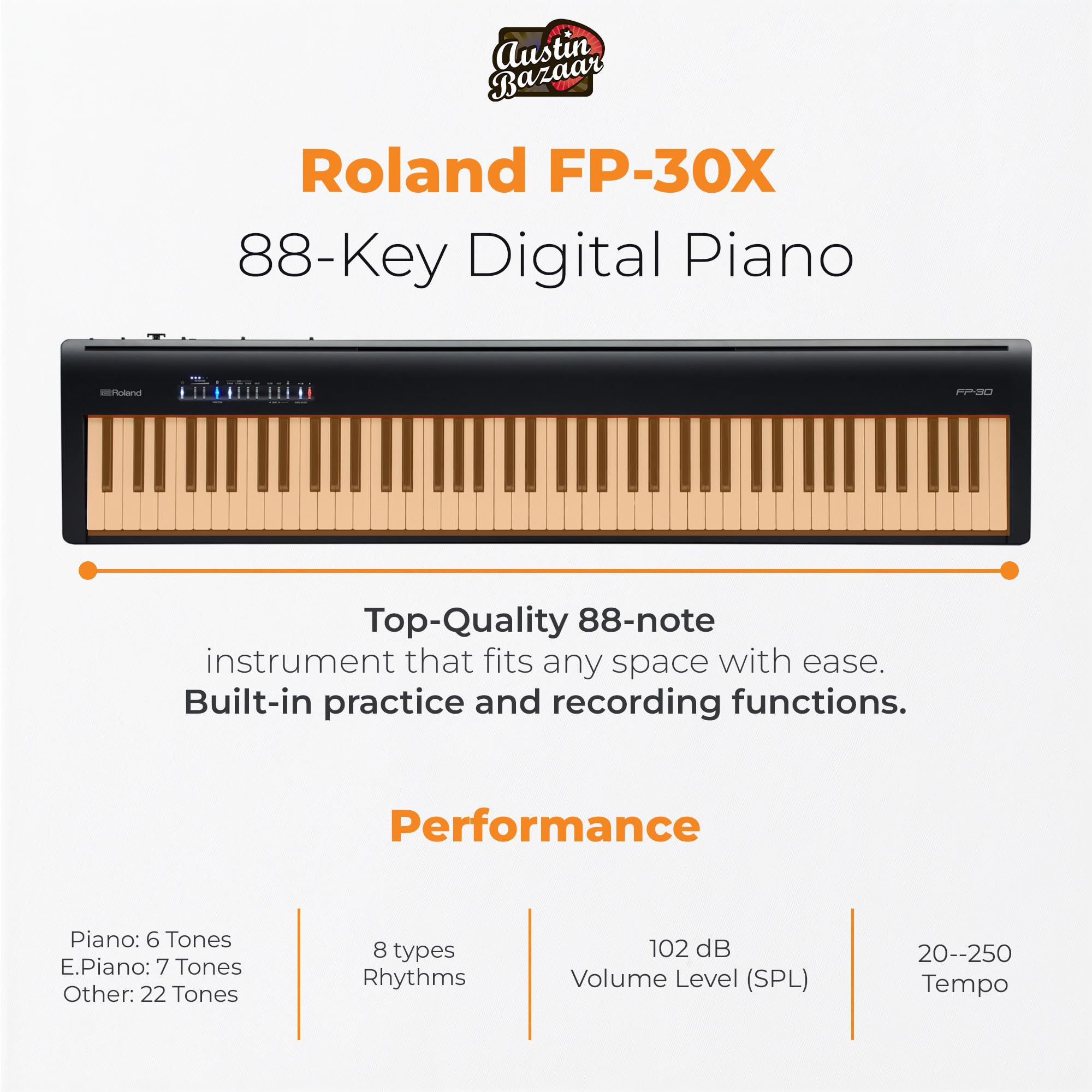 Roland FP-30X 88-Key Digital Piano - Black Bundle with Adjustable Stand, Bench, Sustain Pedal, Online Piano Lessons, Instructional DVD, and Austin Bazaar Polishing Cloth