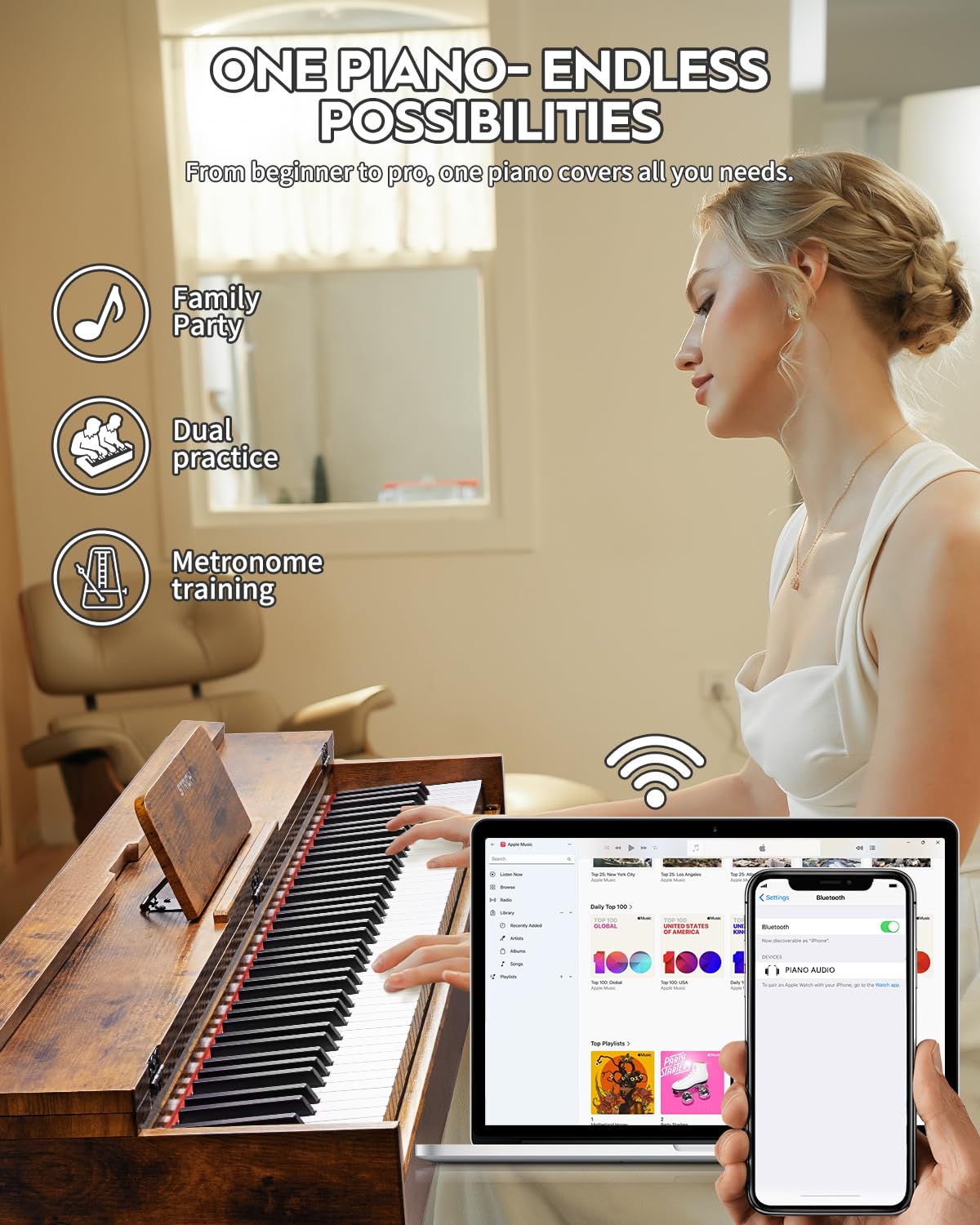 STRICH 88 Key Digital Piano, Hammer-Action Weighted Keyboard, Full Size Desk Cover Electric Piano Keyboard with Stand, 25Wx2 Speakers, Headphones, Three Pedal, SDP-350S(Color Mahogany)