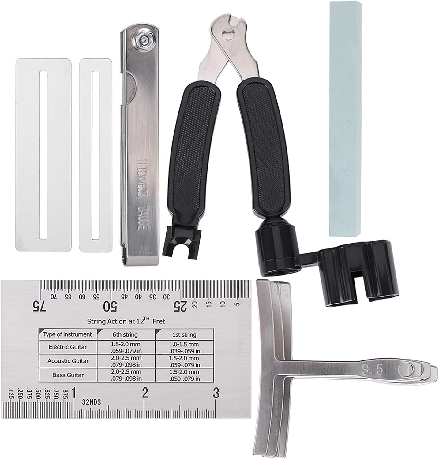 Guitar Tool Set, Professional Guitar Accessories, Stainless Steel Radius Gauge and String Action Ruler with Fingerboard Guards, Includes Sander and Polishing Stone for Electric Gui