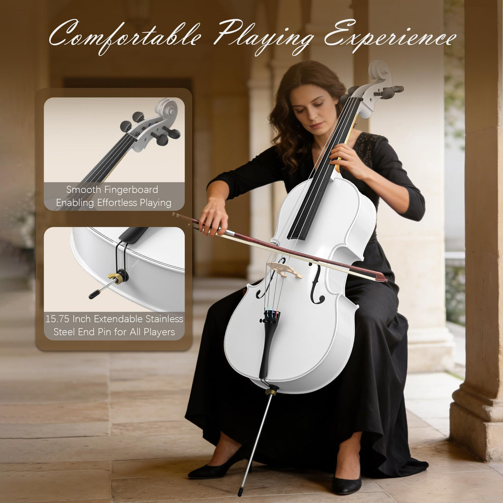 Full Size Cello Kit, Acoustic Cello Instrument for Adults,Beginners,Students,Complete Cello 4/4 Set with Portable Bag, Bow, Rosin (Black)