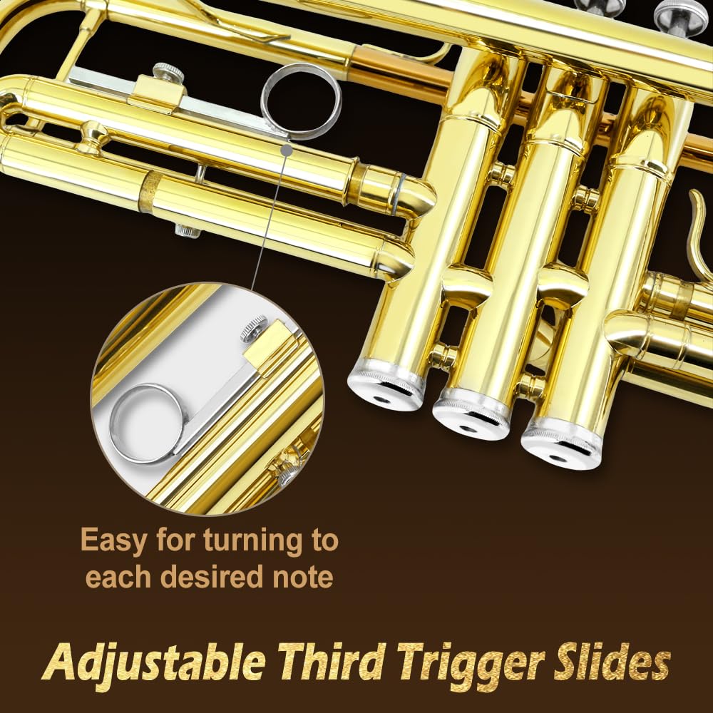 Bb Trumpet for Beginners – Standard B Flat Brass Instrument with 7C Mouthpiece, Hard Case & Cleaning Kit, Student Trumpet for Band Practice, Lessons & Gift (Golden)