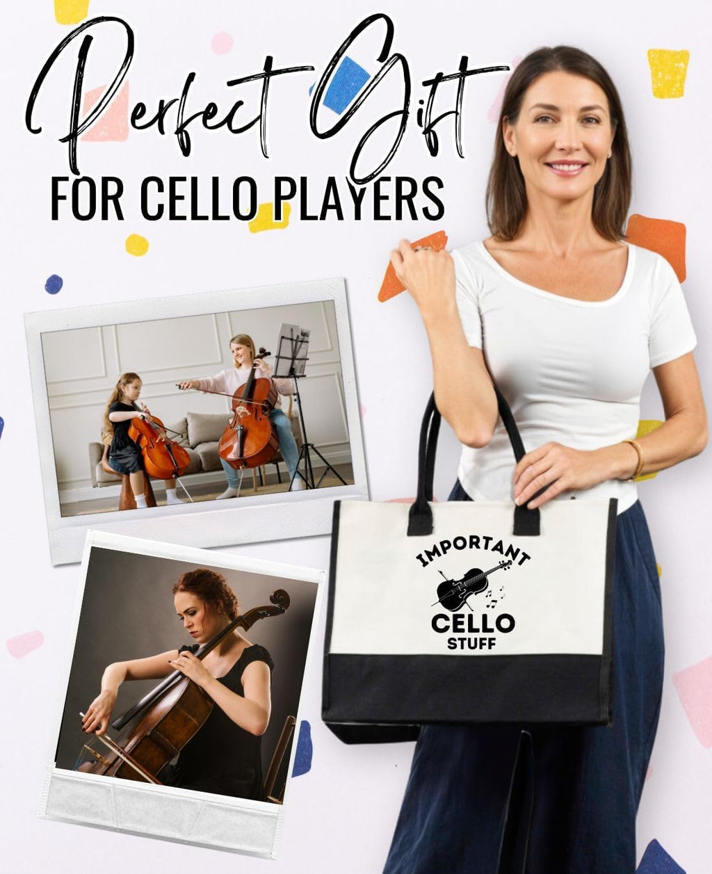InnoBeta Cello Gifts for Women, Gifts for Cello Players, Cellist Canvas Tote Bag for Girls Mom, Grandma, Bag with Top Zipper Closure and Shoulder Strap for Birthday,Christmas