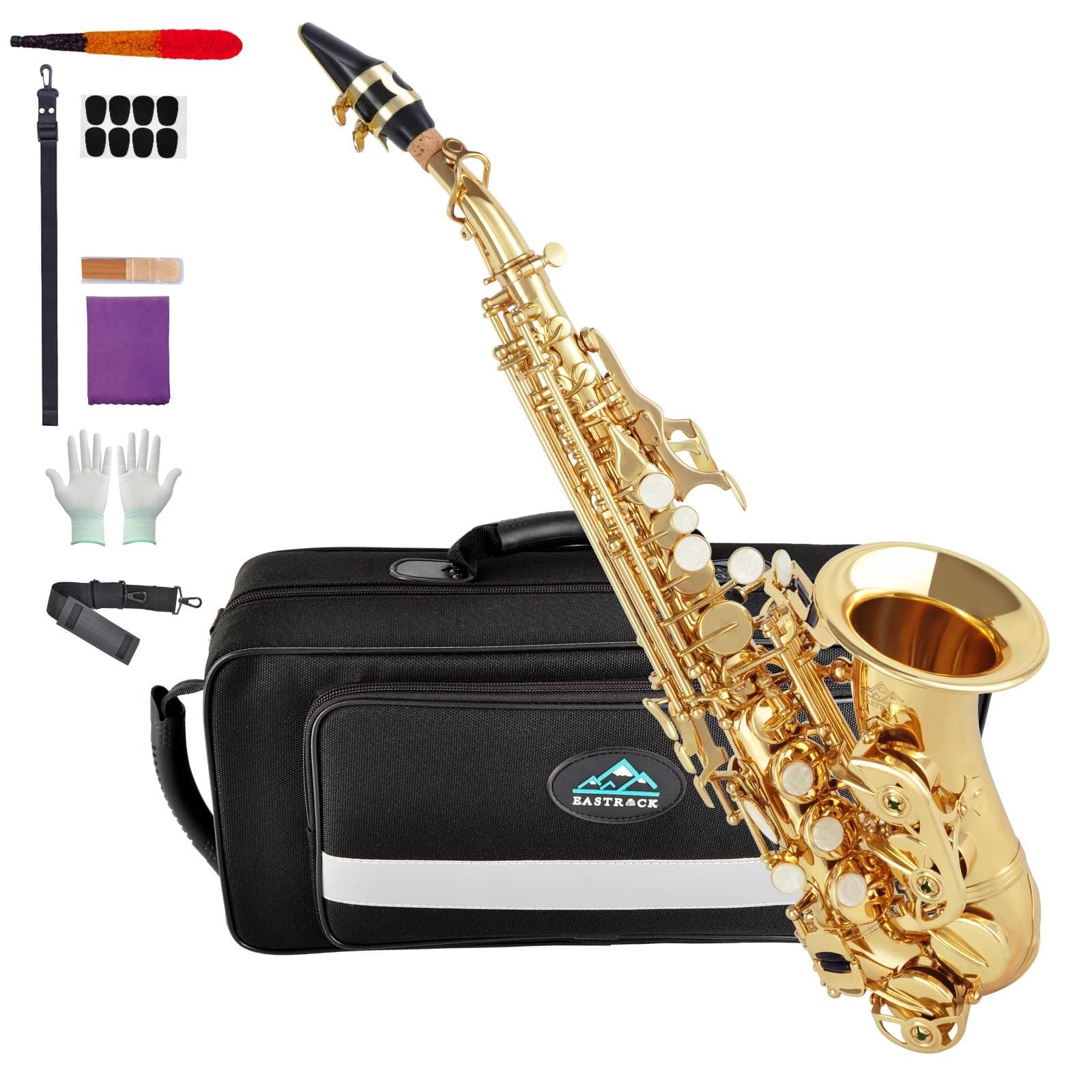 EASTROCK Soprano Saxophone Curved Bb Flat Black Sax Instruments for Beginners Intermediate Players with Carrying Case,Mouthpiece,Pads,Reed,Cleaning kit,neck Strap,White Gloves