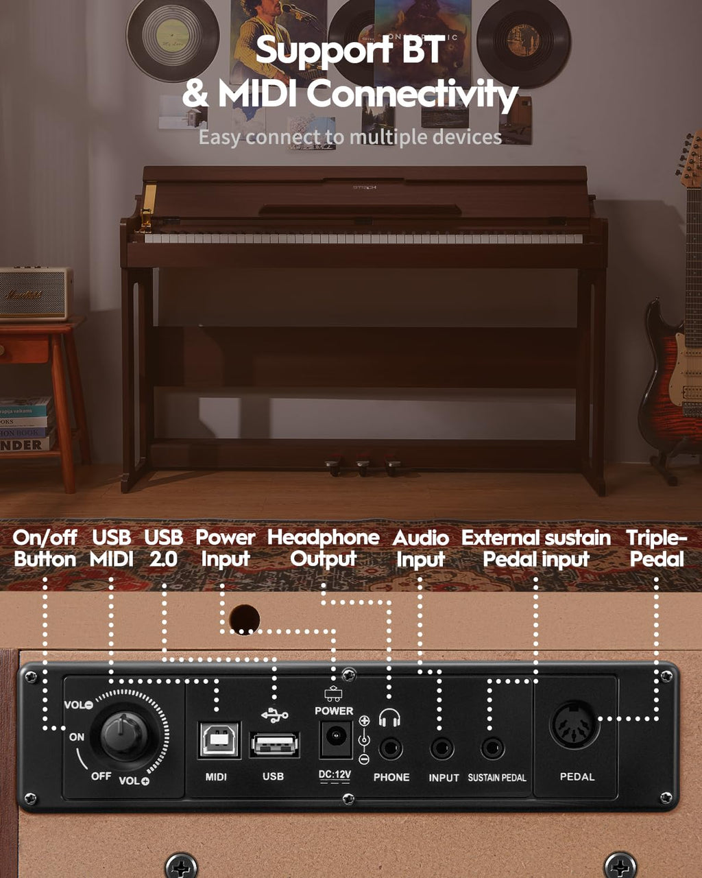 STRICH Digital Piano 88 Keys, Hammer-Action Weighted Keyboard, Full size Electric Piano Keyboard with Furniture Stand, 25Wx2 Speakers, Supports USB-MIDI/Wireless Connect, SDP-300W (Color Walnut Wood)