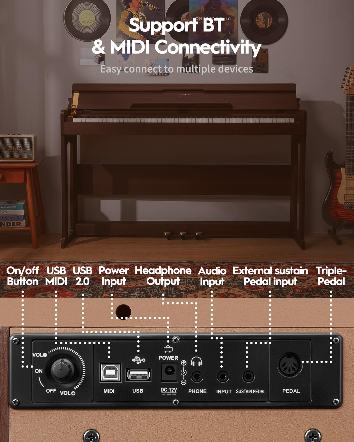 STRICH Digital Piano 88 Keys, Hammer-Action Weighted Keyboard, Full size Electric Piano Keyboard with Furniture Stand, 25Wx2 Speakers, Supports USB-MIDI/Wireless Connect, SDP-300W (Color Walnut Wood)