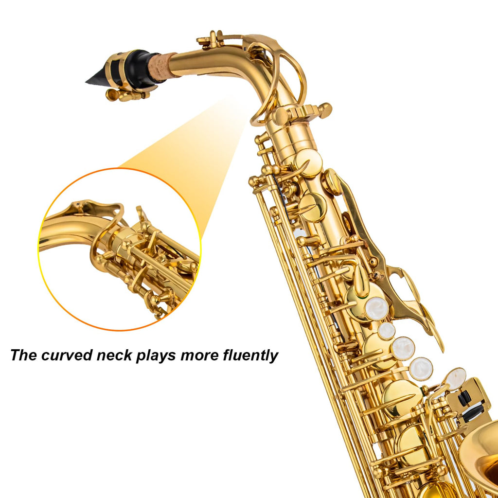 Alto Saxophone Eb beginner Saxophone includes brush canvas suitcase glove whistle piece cork plaster wipe cloth neck strap and other accessories (Gold)