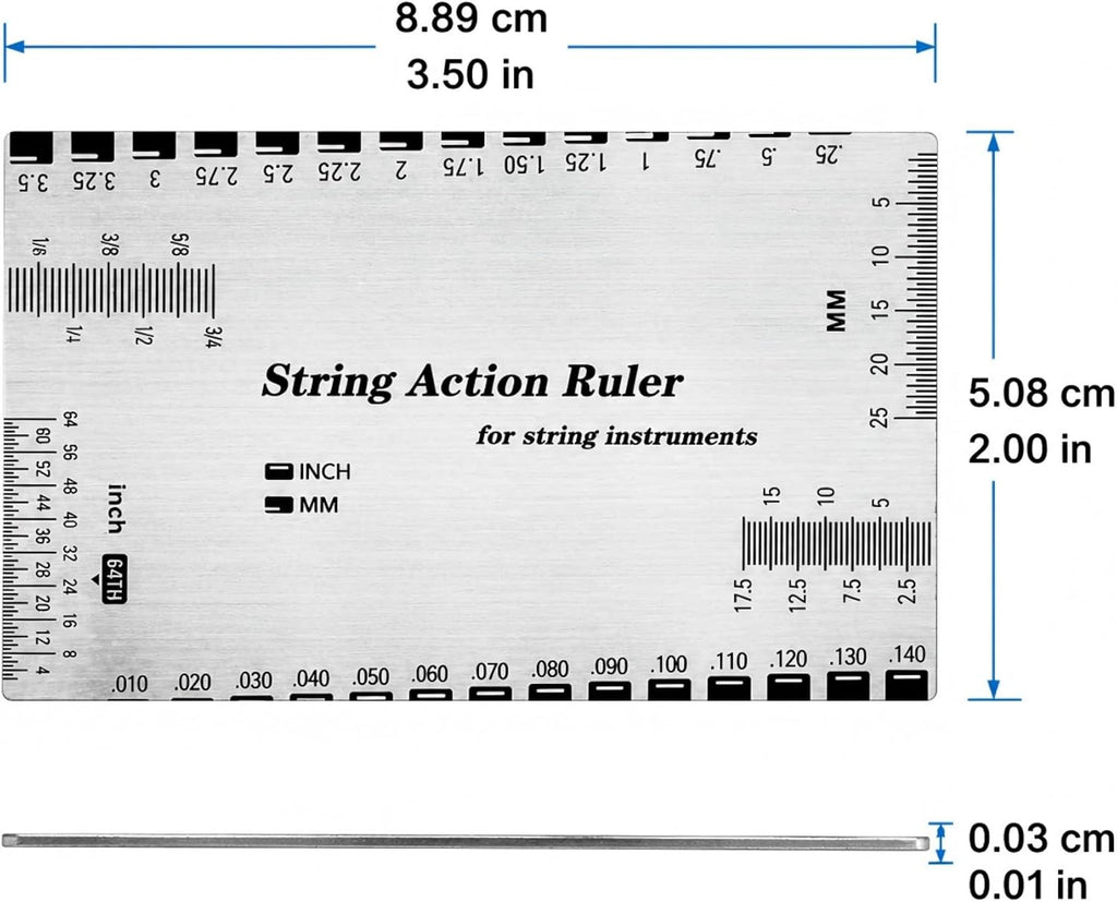 Guitar String Action Ruler, Stainless Steel String Gauge Measuring Tool with Inch & MM Scale for Electric Acoustic Guitar Bass, Precision Luthier Tool with Instruction Manual