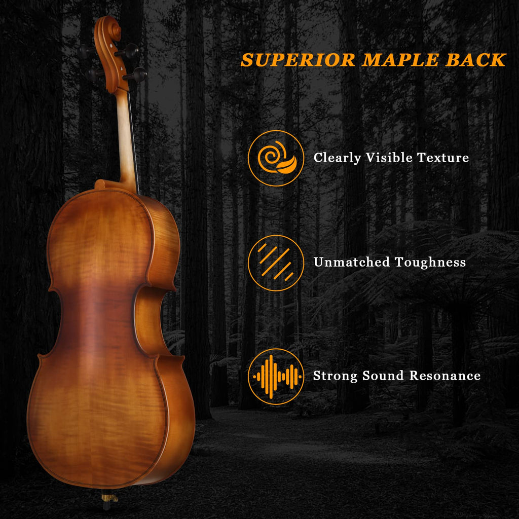 Ktaxon 4/4 Ebony Fitted Cello, Acoustic Cello Full Size cello with 7mm Padding Cello Case, Extra String, Bridge, Bow and Rosin for Beginner Adult(Matte)