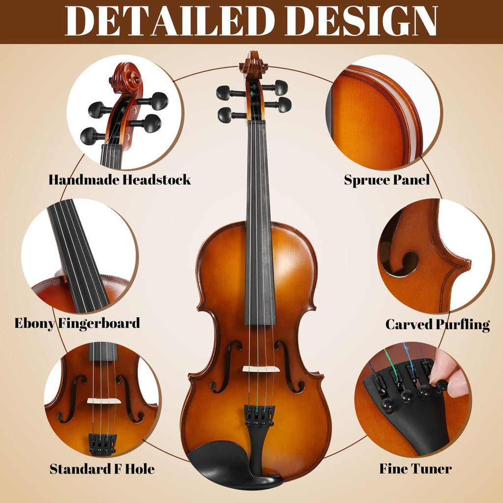Kmise Violin 4/4 Full Set, Fingerboard Fret Markings Violins, Matte Acoustic Fiddle for Adults, Beginners, Students with Violin Case, Rosin, Strings, Bow, Shoulder Rest, Beginner's Guide (Matte, 4/4)