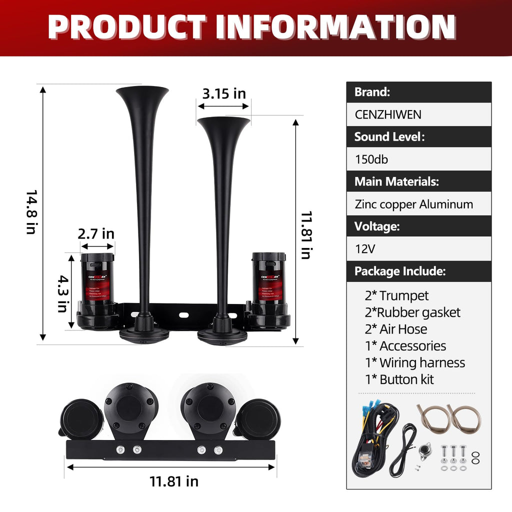 Dual 2-Trumpet Metal Air Horn for truck Kit with 2 air Compressors,12V 150dB Ultra Loud impact train car horn moto horn is suitable for pickup/SUV/Boat (Two-tube integrated)