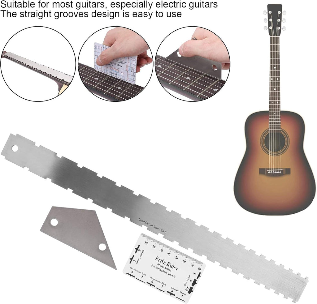 Guitar Neck Straight Edge Ruler and String Action Gauge, Dual Scale Design for 24.75 and 25.5 Inch Guitars, Stainless Steel Fret Rocker Tool Kit for Guitar Repair and Maintenance