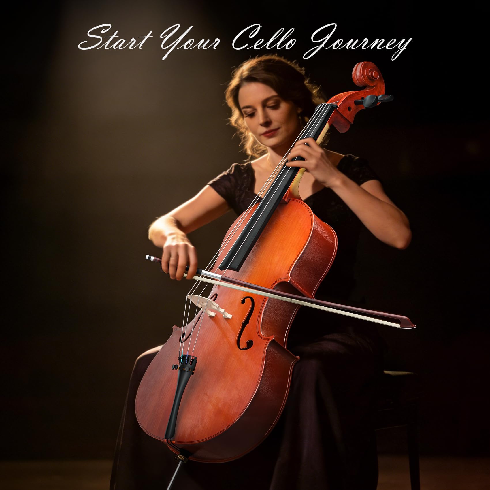Full Size Cello Kit, Acoustic Cello Instrument for Adults,Beginners,Students,Complete Cello 4/4 Set with Portable Bag, Bow, Rosin (Black)