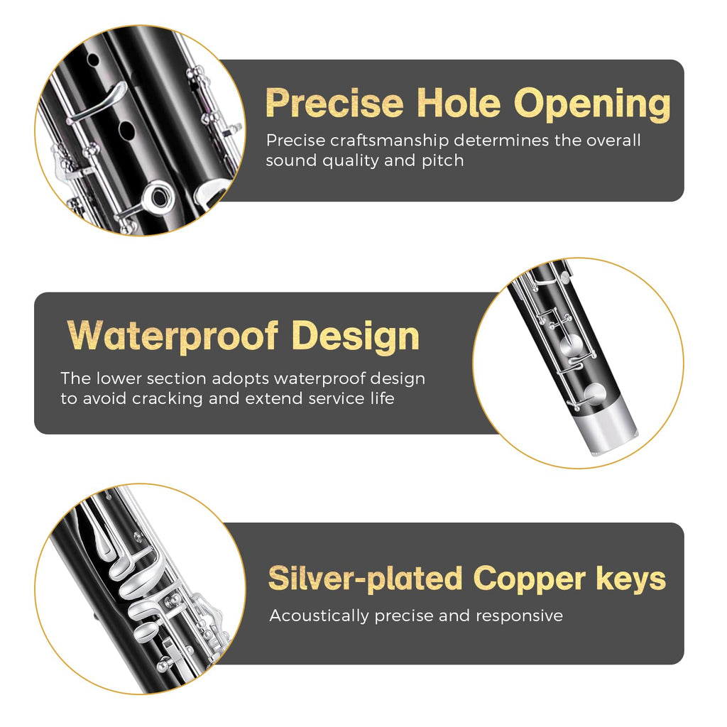 ROWELL Maple Bassoon C Key Bassoon with Self-Locking Mechanism 19 Keys Silver Plated Bassoons Instrument with Case and Care Kit, Ideal for School Band, Orchestra, and Home Practice Black