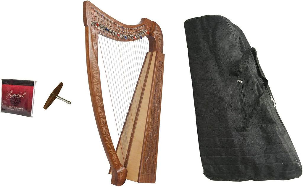 Roosebeck Heather Harp w/Full Chelby Levers, Engraved Vine Design + Padded Gig Bag