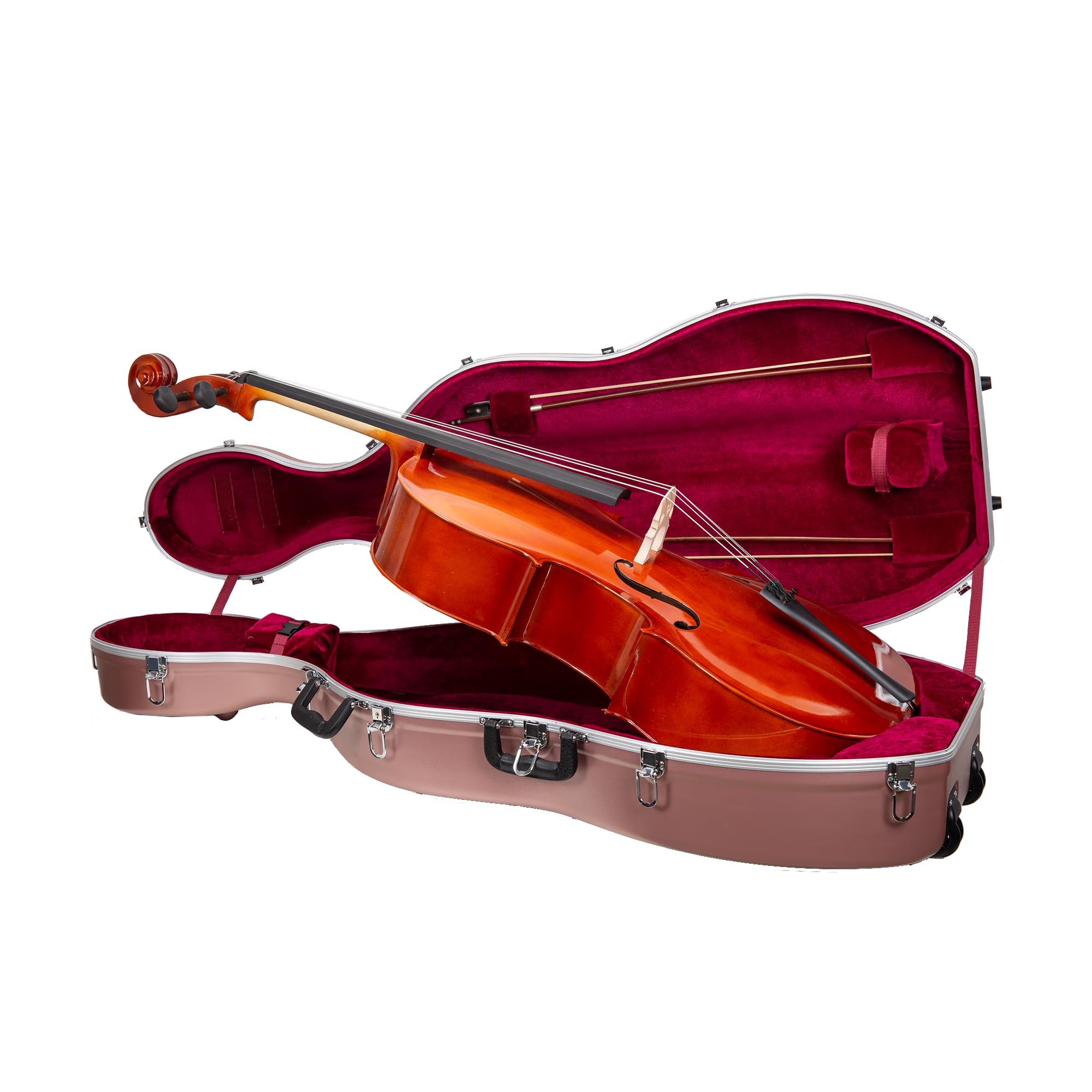 Crossrock ABS Cello Case for 4/4 & 3/4 Size | Wine Red Velvet Interior, Molded Hardshell with Wheels, Lock, Dual Bow Holders & Backpack Straps-Dark Red (CRA862CEFDR)