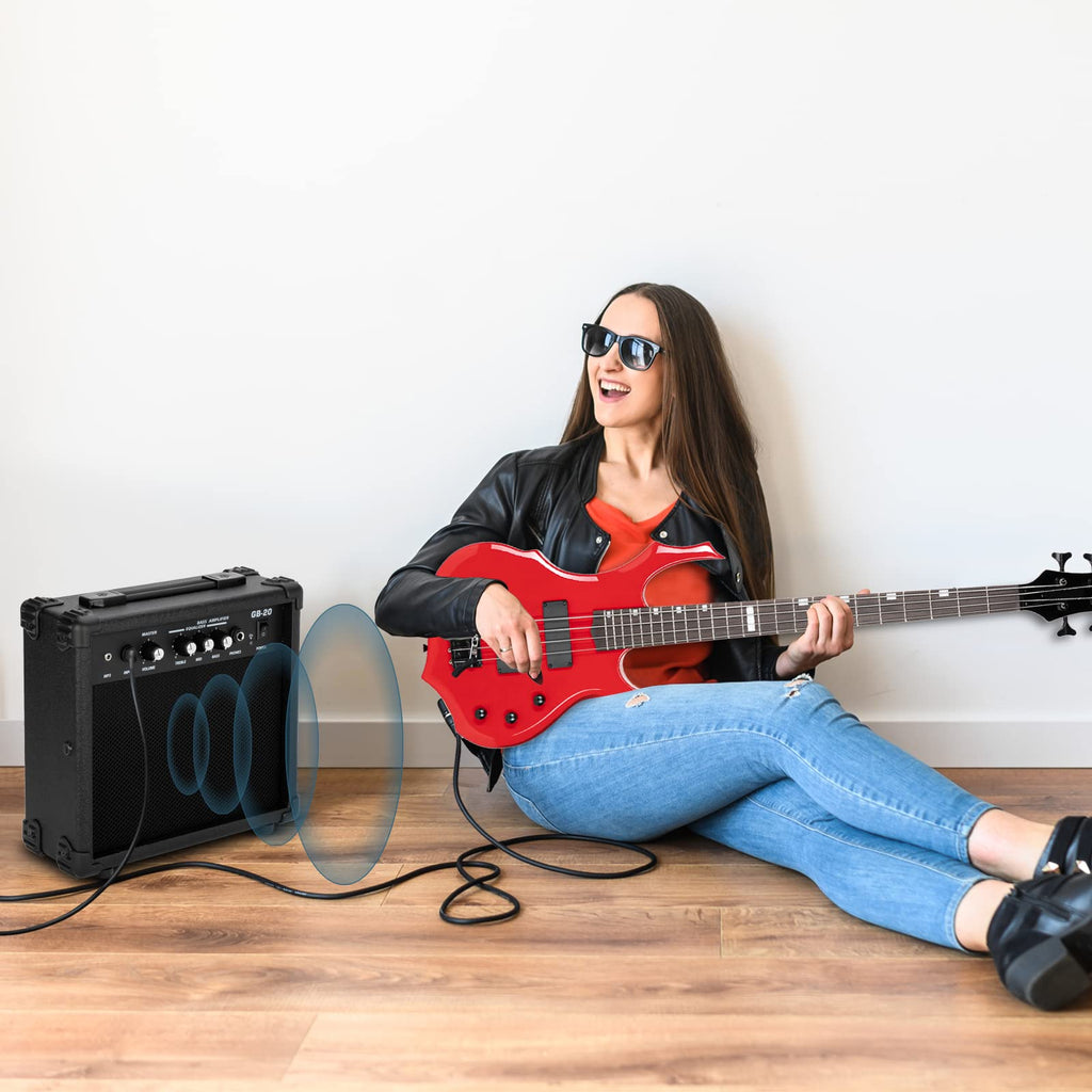 Ktaxon Electric Bass Guitar Full Size Flame Design Bass Set with 20 Watt Amplifier, Portable Bass Bag, Superior Amp Wire, Adjustable Guitar Strap, Plectrum, Wrench Tool(Matte Black)
