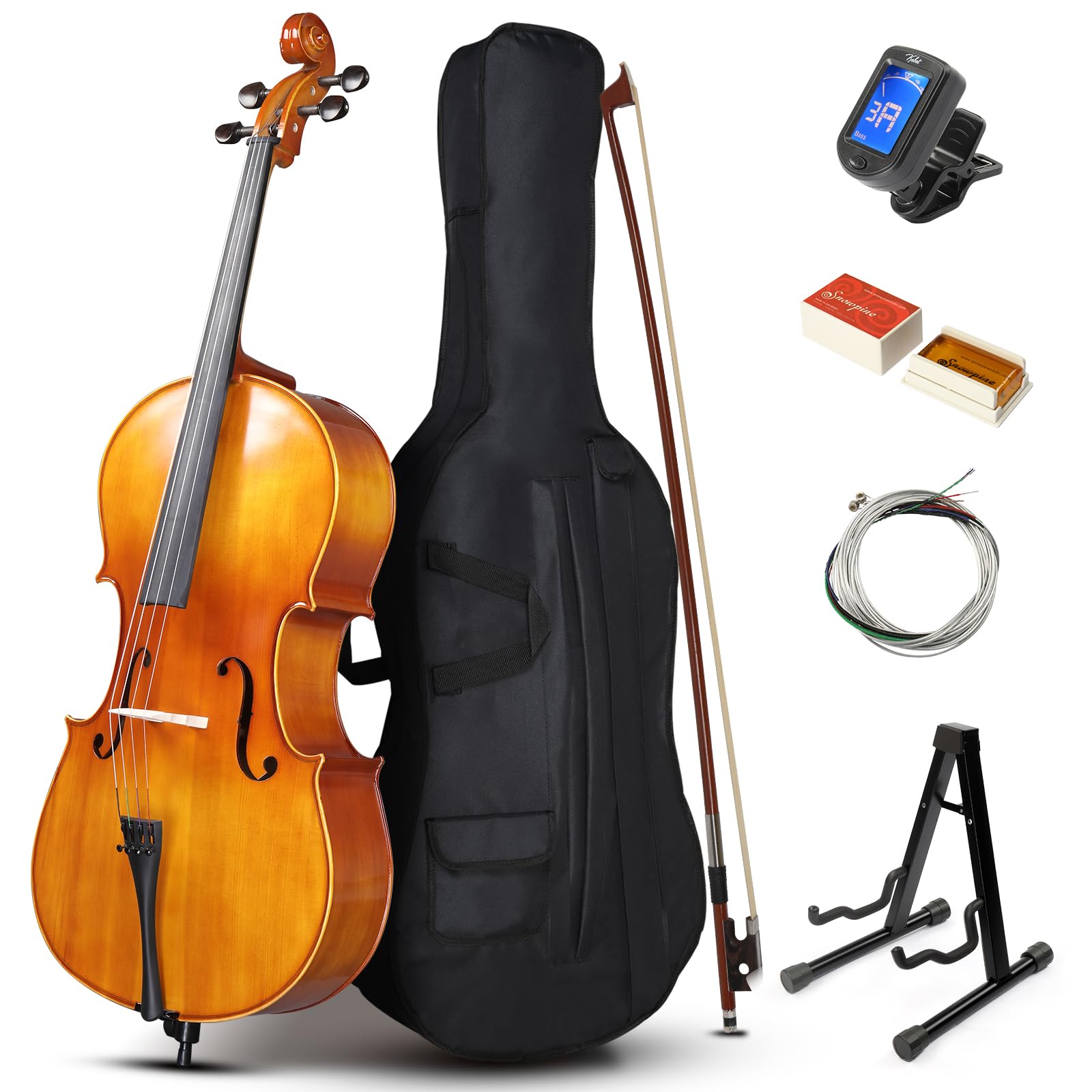 Ktaxon Full Size Cello, 4/4 Solid Wood Acoustic Cello with Sturdy Stand, Portable Bag, Premium Rosin and Extra String, Full Equipment for Intermediate Players (Varnish)