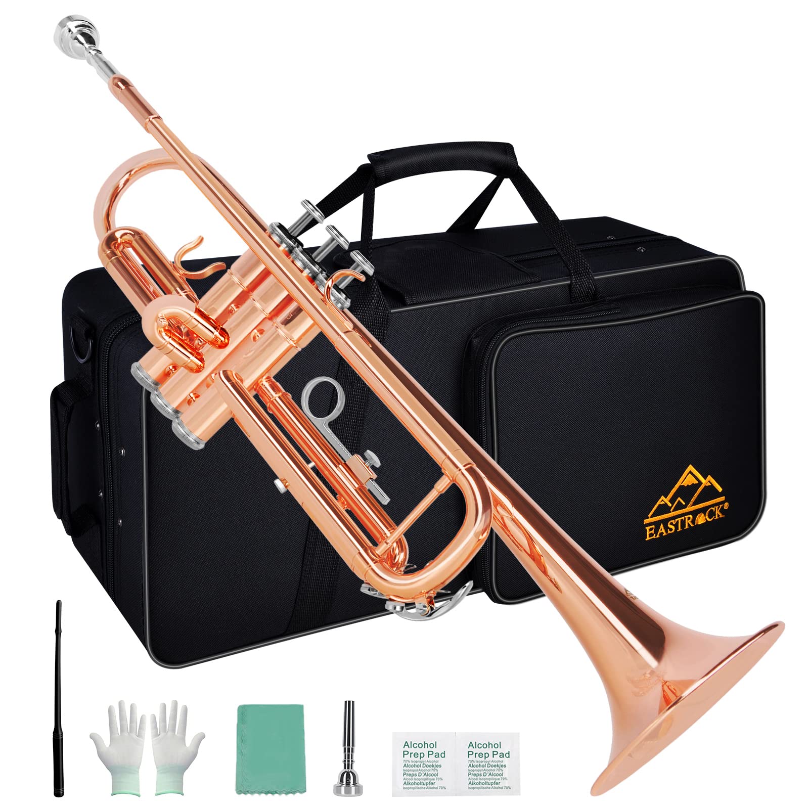 EASTROCK Bb Trumpet Standard Trumpet Set with Carrying Case,Gloves, 7C Mouthpiece, Tuning Rod, Black Nickel,Hand Carved Craft