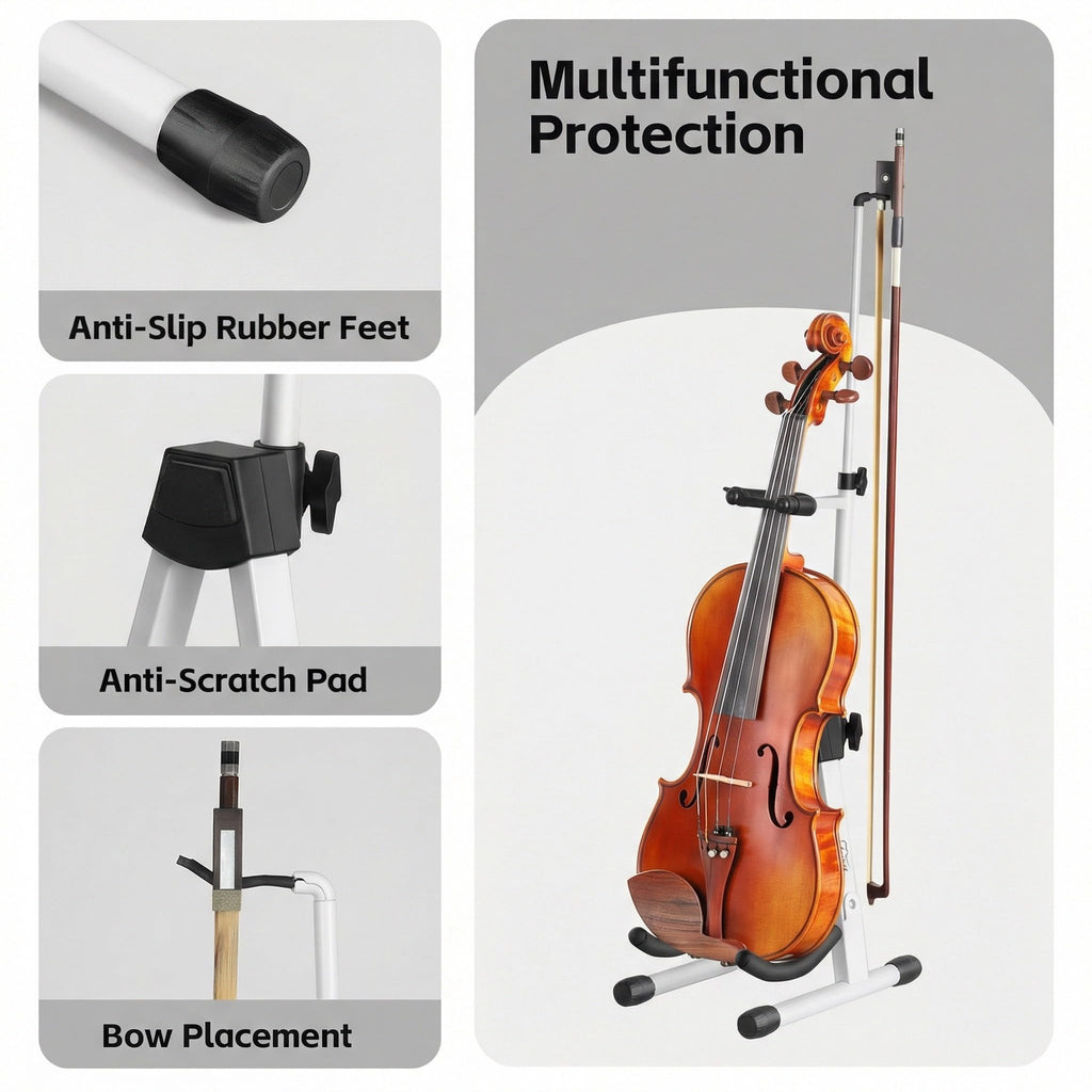 New Upgraded Anti-Tipping Design in Violin Stand with Bow Holder. Adjustable height, non-slip base, and protective head lock. Foldable and portable design for violins, violas, mandolins, and ukuleles.Gray Lockable