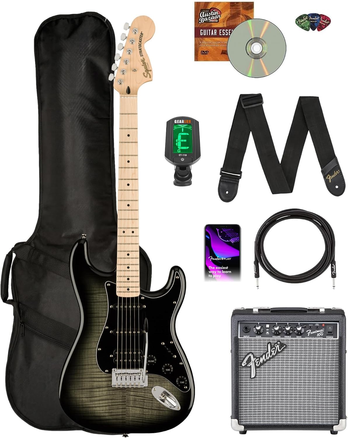 Fender Squier Affinity Stratocaster FMT HSS - Sienna Sunburst Bundle with Frontman 10G Amplifier, Gig Bag, Tuner, Instrument Cable, Strap, Picks, and Austin Bazaar Instructional DVD