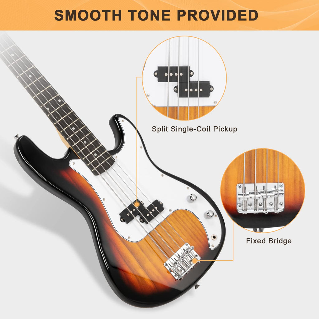 GLARRY Full Size Electric Bass Guitar Beginner Kit 4 String Exquisite Basswood Bass with 20W AMP, Cable, Strap, Bag and Accessories (Black, 39"Right Handed)