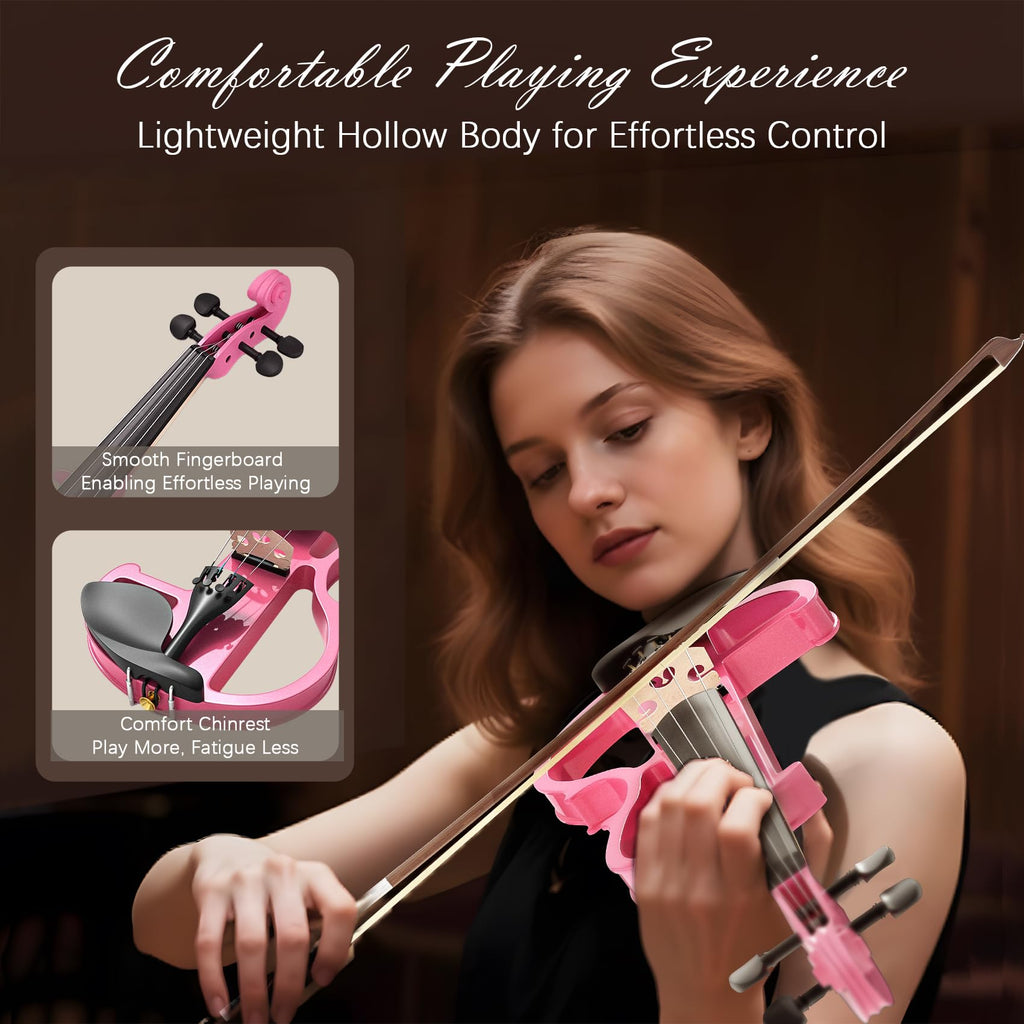 Electric Violin 4/4 Kit, Electric Violin 4/4 Full Size for Adults, Students, Beginner Violins, Full Size Violins Set with Case, Bow, Rosin and Headphones, Black