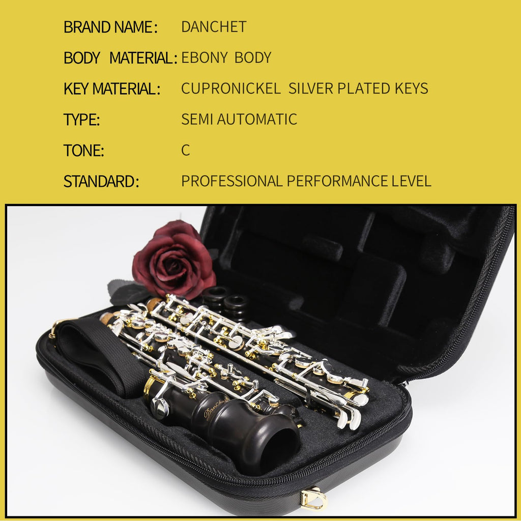 Oboe Professional Performance Level Redwood Body Silver Plated Semi Automatic C Tone with Reeds, Cleaning Cloth, Oboe Swab, Powder Paper, Absorbing Paper, Thumb Rest, Screwdriver, Gloves, Case