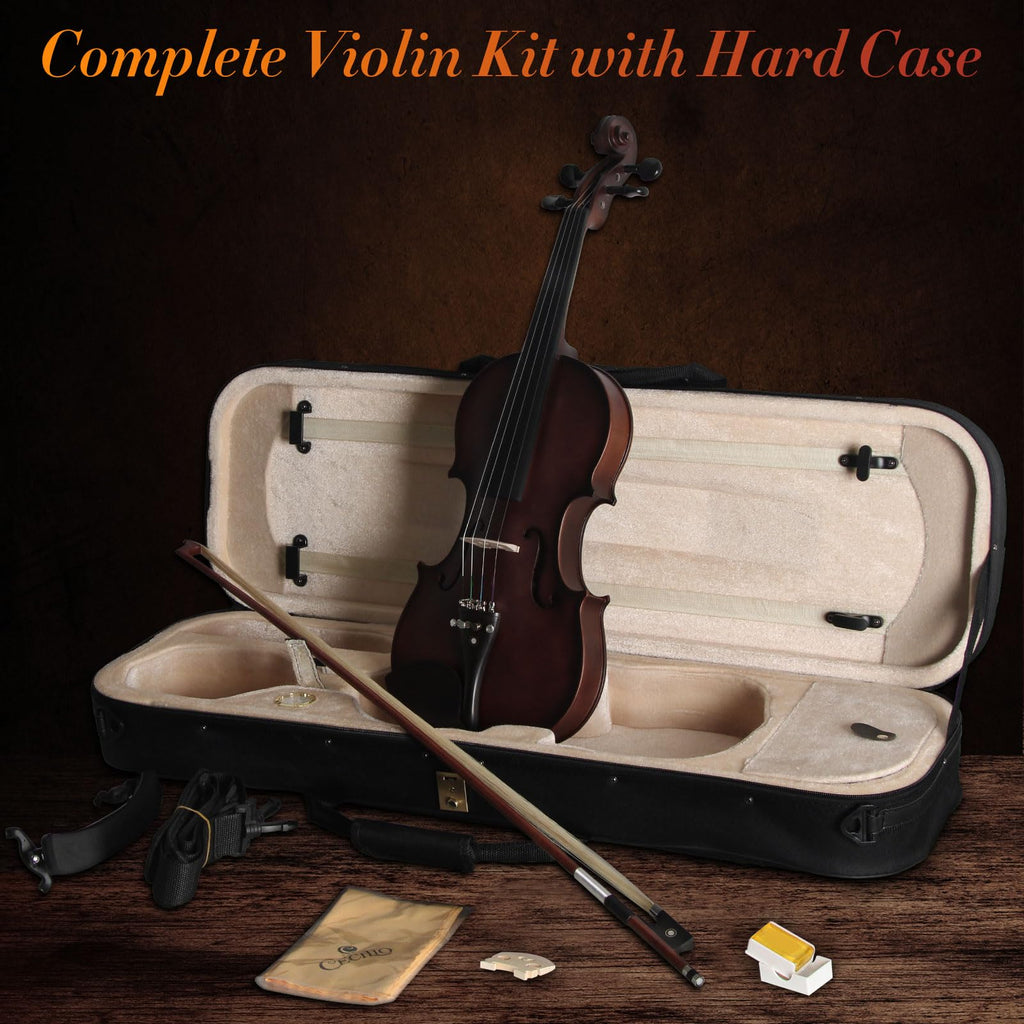 Acoustic Violin 4/4 Full Size, Solid Wood Fiddle for Beginners Adults, Ebony Fitted Satin Antique Finish Violin Starter Kit with Hard Case