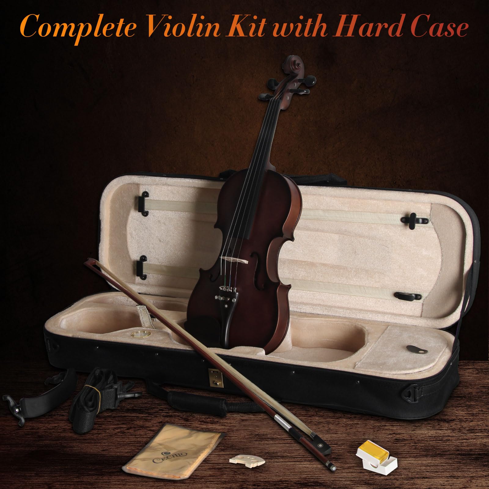 Acoustic Violin 4/4 Full Size, Solid Wood Fiddle for Beginners Adults, Ebony Fitted Satin Antique Finish Violin Starter Kit with Hard Case