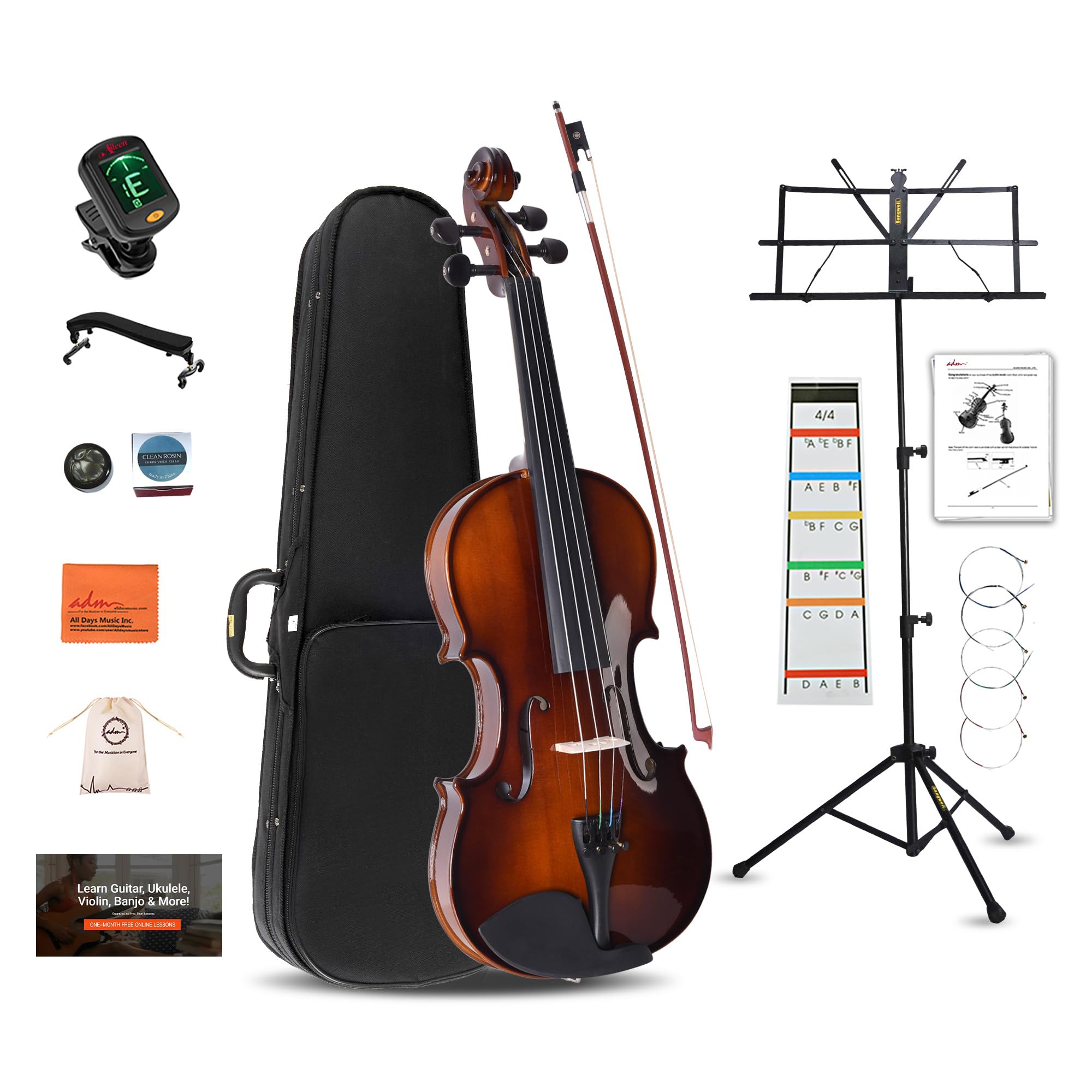 ADM Acoustic Violin for Beginner 4/4 Full Size Violin Set Solid Wood Ebony for Adult Teen Student Starter Kit with Hard Case, Shoulder Rest, Bow, Music Stand, Strings, Free Lessons (Sepia, 4/4 Size)