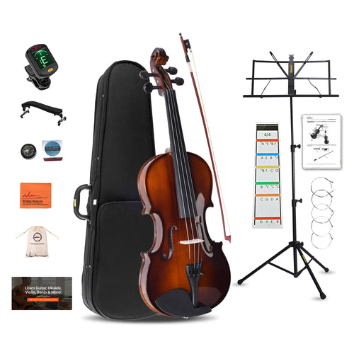 ADM Acoustic Violin for Beginner 4/4 Full Size Violin Set Solid Wood Ebony for Adult Teen Student Starter Kit with Hard Case, Shoulder Rest, Bow, Music Stand, Strings, Free Lessons (Sepia, 4/4 Size)