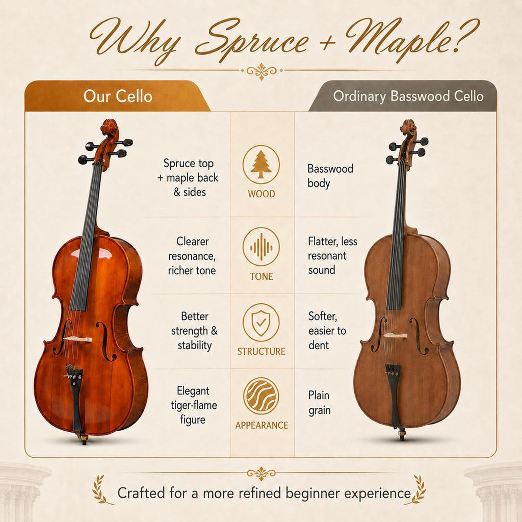 Cello 4/4 Full Size, Beginner Cello Instrument for Adults, Acoustic Cello Set with Padded Bag, Extra Strings, Bridge, Bow & Rosin – for Lessons, Home Practice & School Orchestra, Matte Natural